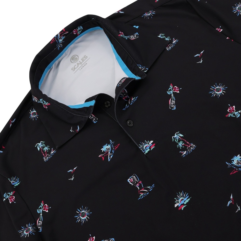 Scales Mens Performance Polo Shirt Large Black‎ Tropical Hula Girl Shark Print